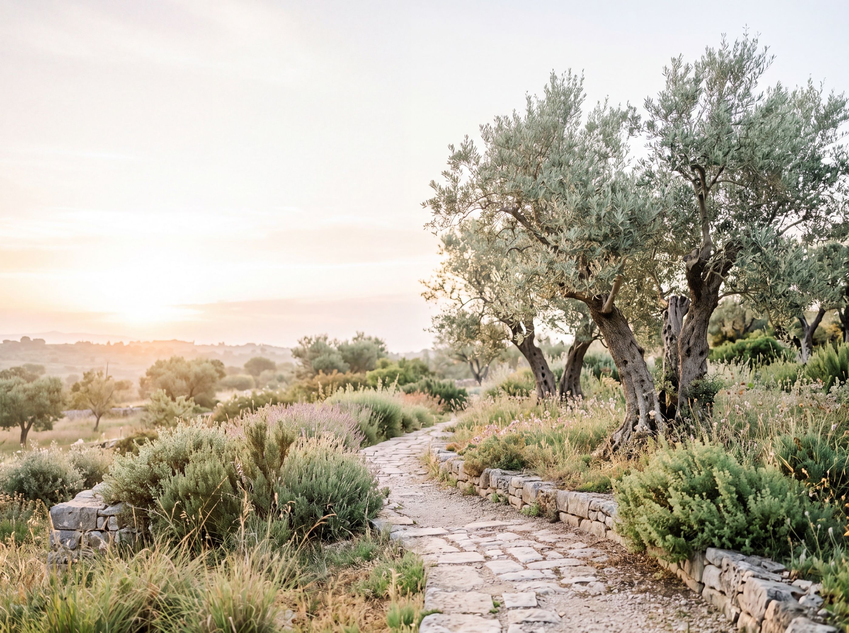 Sunrise over a stone path winding through an old olive garden