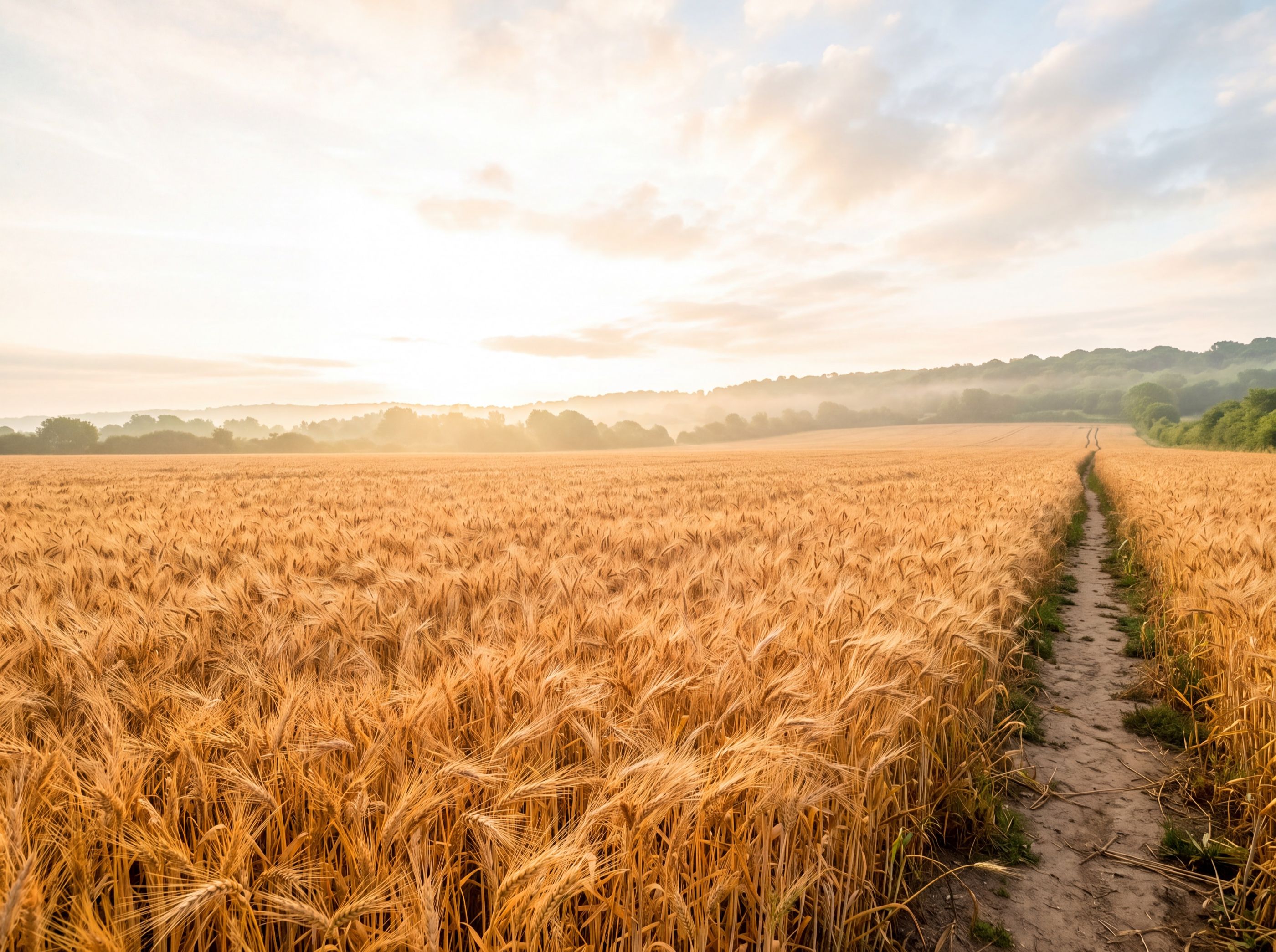 A footpath through a field of ripe wheat at sunrise
